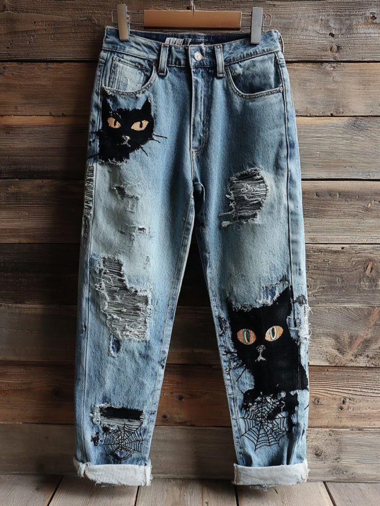 Women's Halloween Black Cats And Spiderwebs Vintage Embroidery Washed Jeans