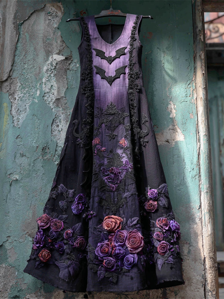 Halloween Bat & Dark Rose Gradient Women's Vest Midi Dress