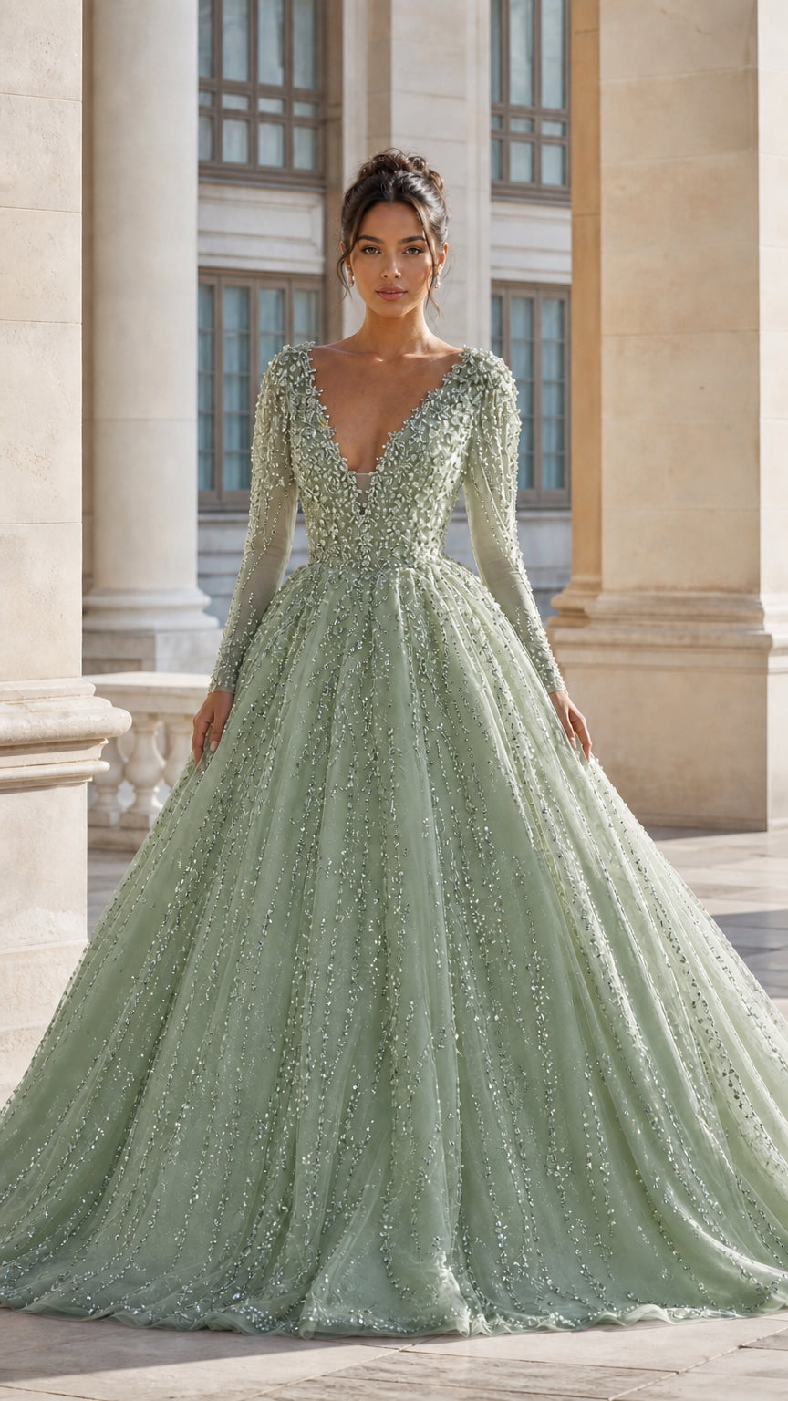 Deep V-Neck Beaded Long Sleeve Tulle Ball Gown Evening Dress