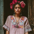 Day Of The Dead Pink Sugar Skull Floral Embroidered Linen Shirt