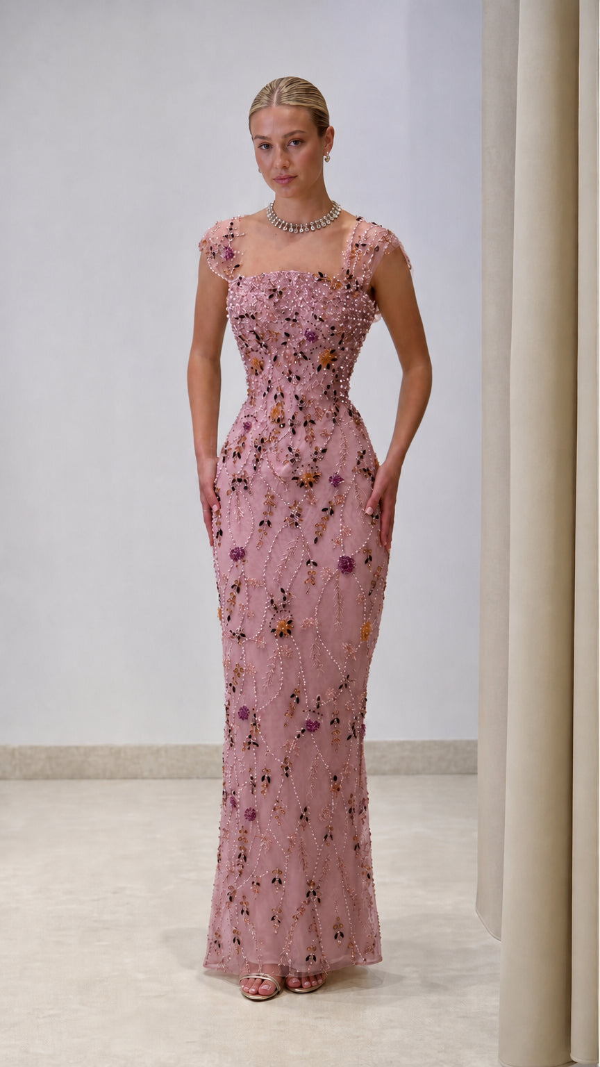 Floral Beaded Square Neck Column Evening Gown