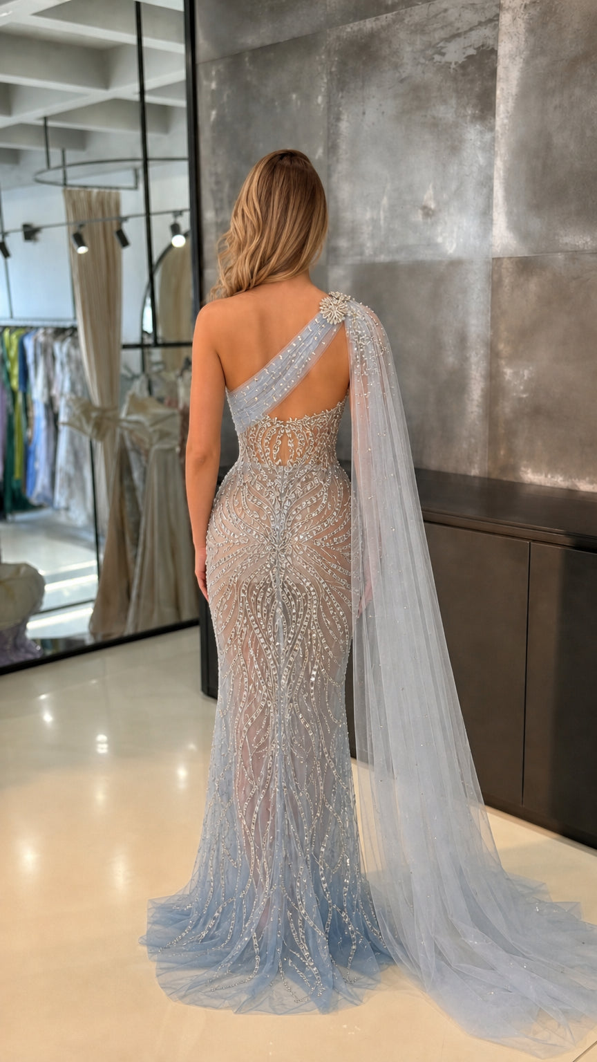 One-Shoulder Beaded Evening Gown with Dramatic Floor-Length Cape