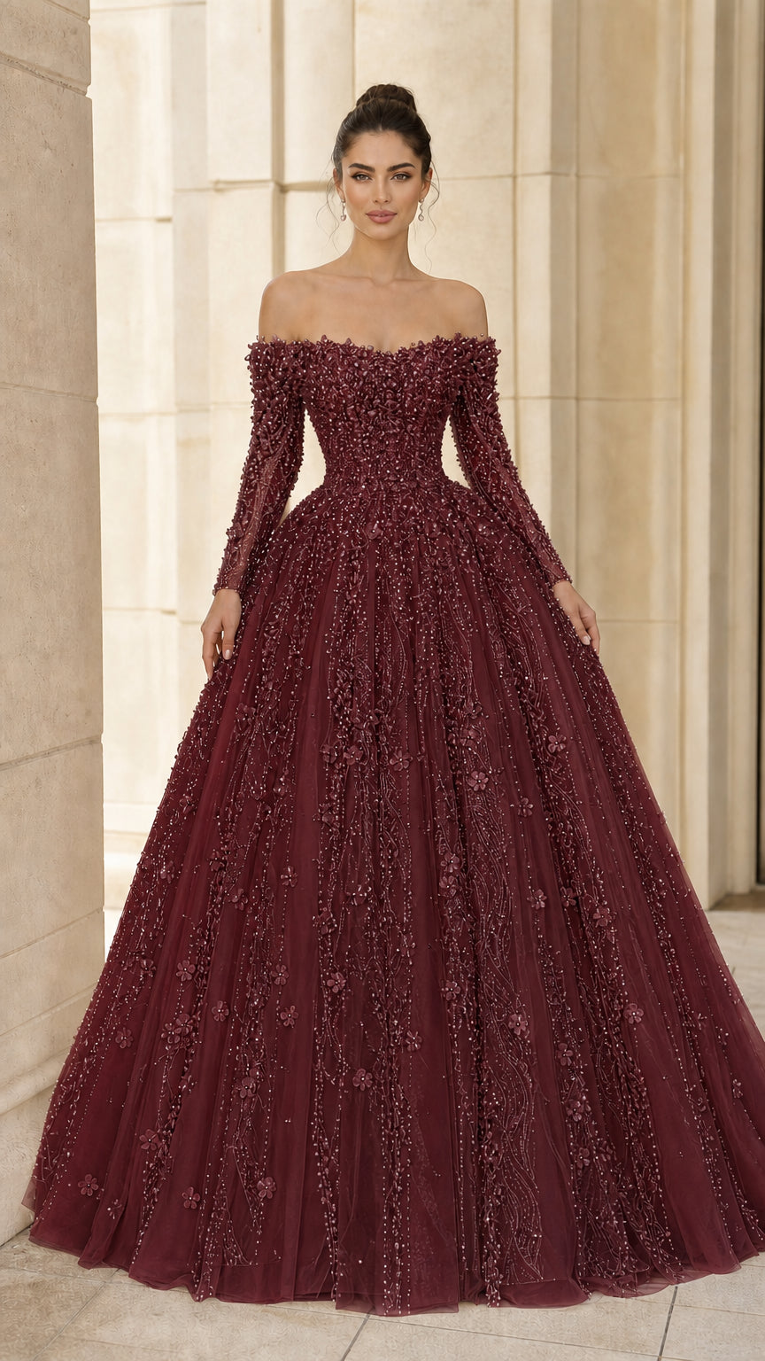 Off-the-Shoulder Long Sleeve Pearl Beaded Ball Gown