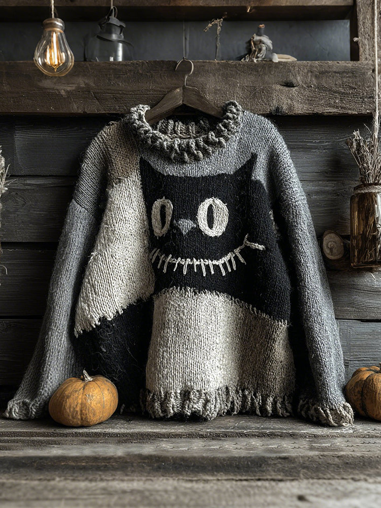 Halloween Black Cat Spooky Face Contrast Stitched Cozy Knit Sweater
