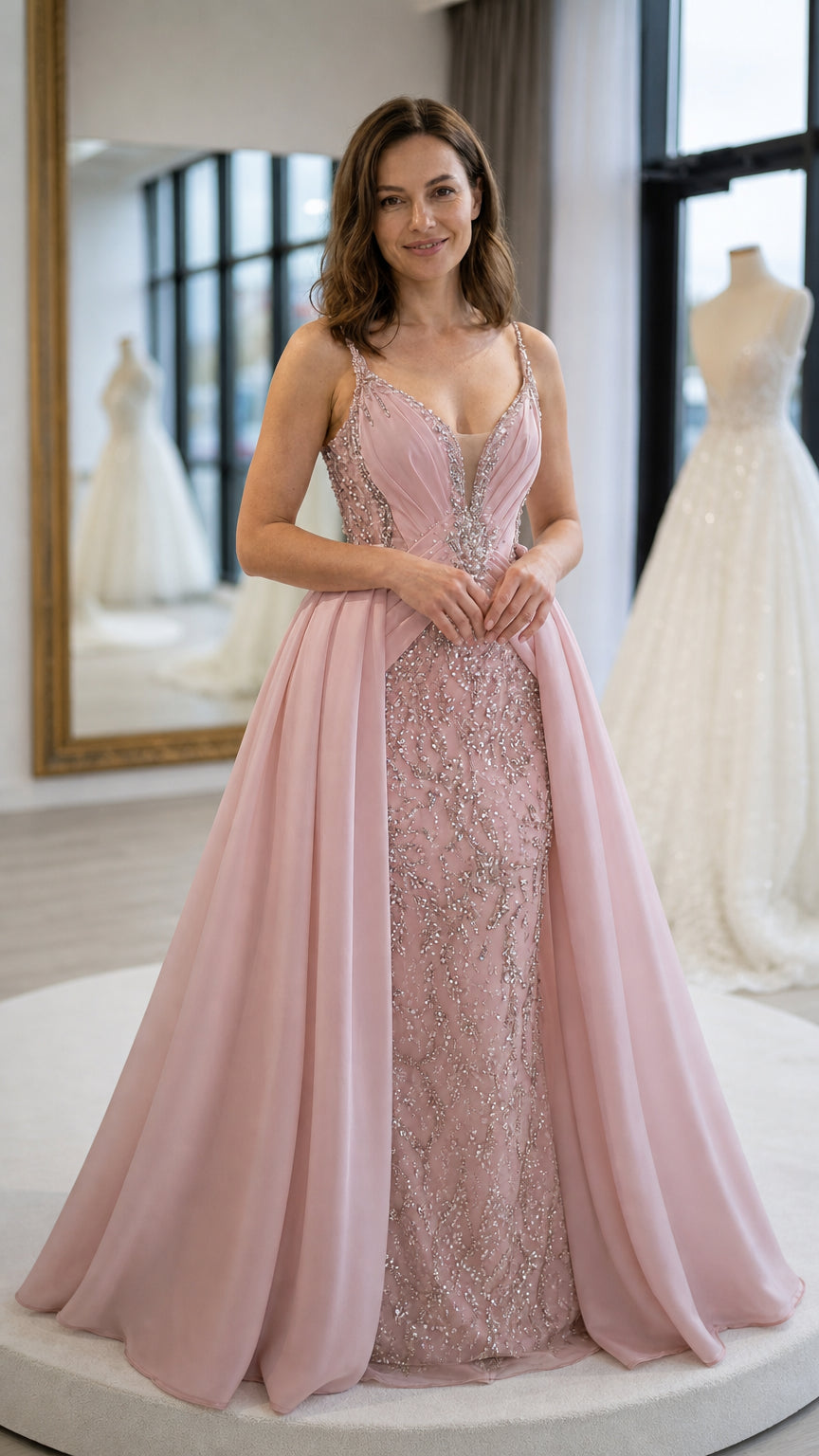 Beaded Illusion Plunge Evening Gown with Ruched Bodice and Overskirt