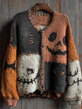 Halloween Pumpkin Face Colorblock Stitched Cozy Knit Cardigan