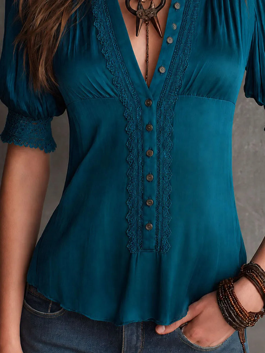 Retro Elegant Teal Lace Trim Button-Front Blouse