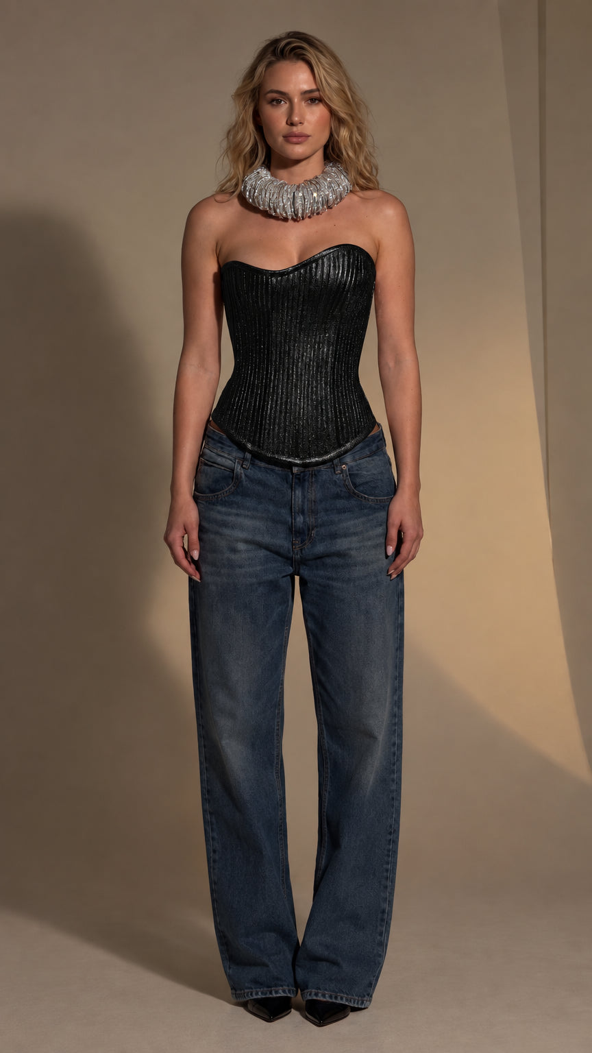Metallic Pleated Strapless Corset Top with Lace-Up Detail