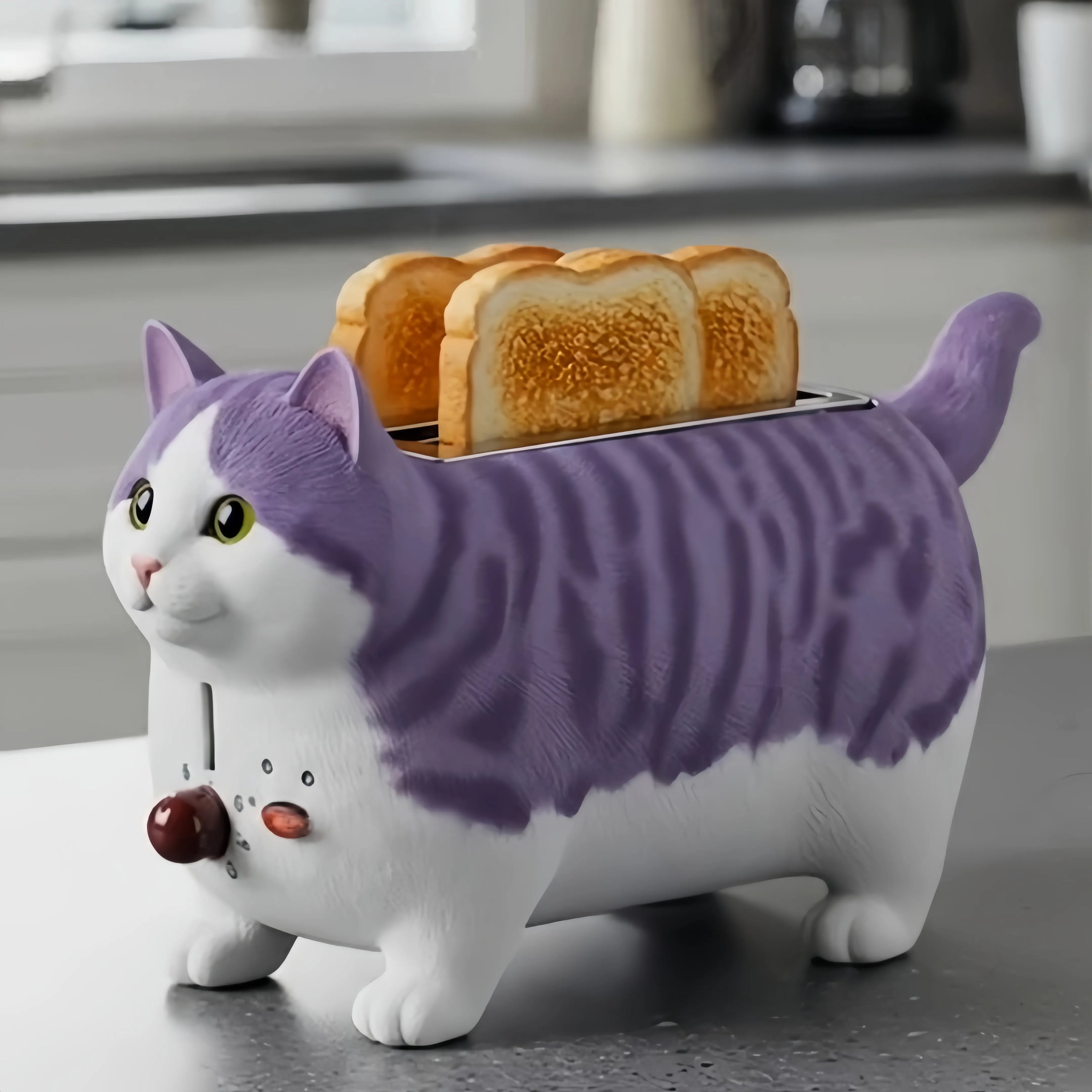 Creative 4-Slice Toaster | Cute Aesthetic Kitchen Appliance for Cozy Breakfast & Unique Home Decor -Purple Tabby Cat