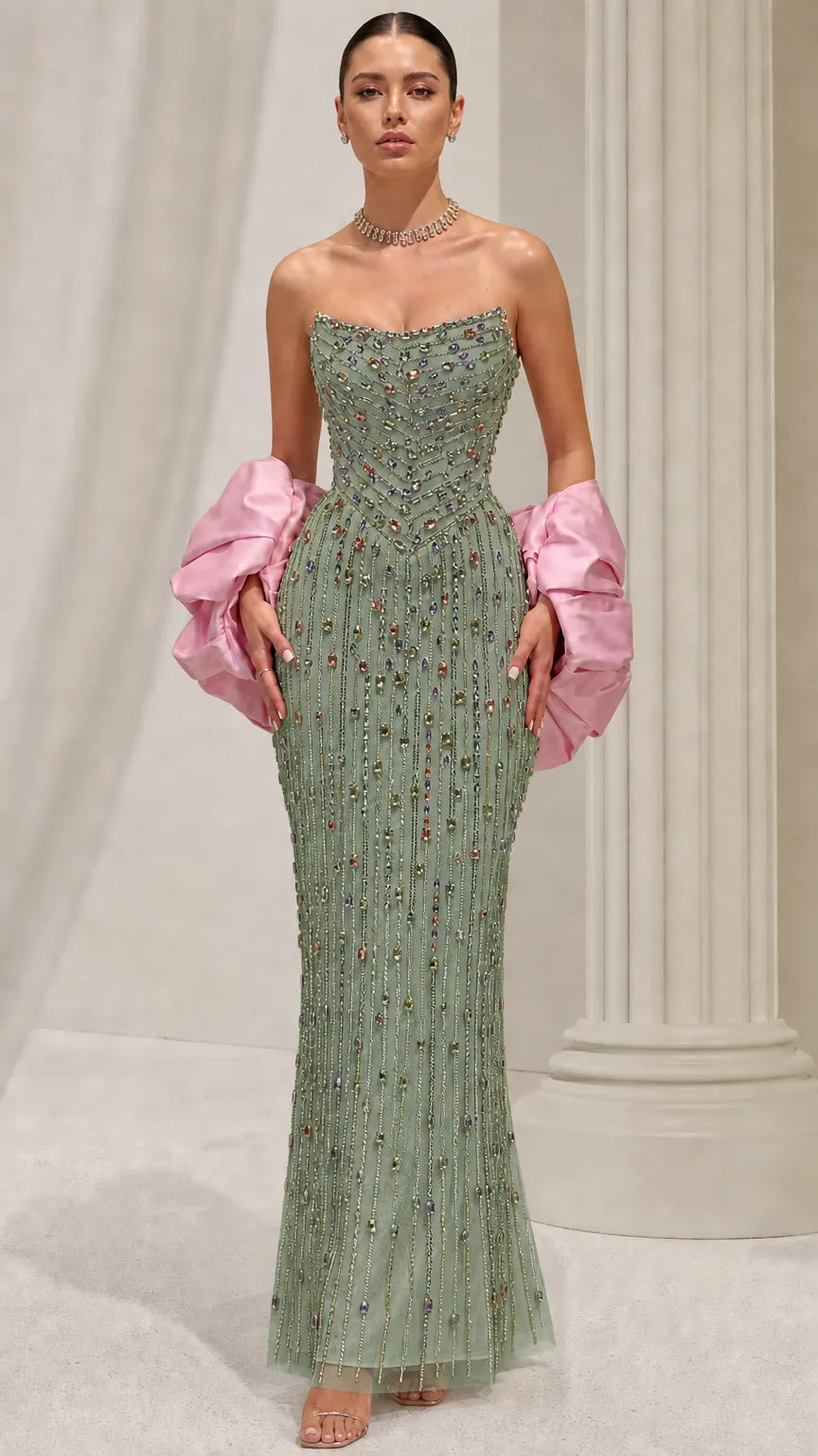 Strapless Beaded Column Evening Gown with Dramatic Puff Sleeves