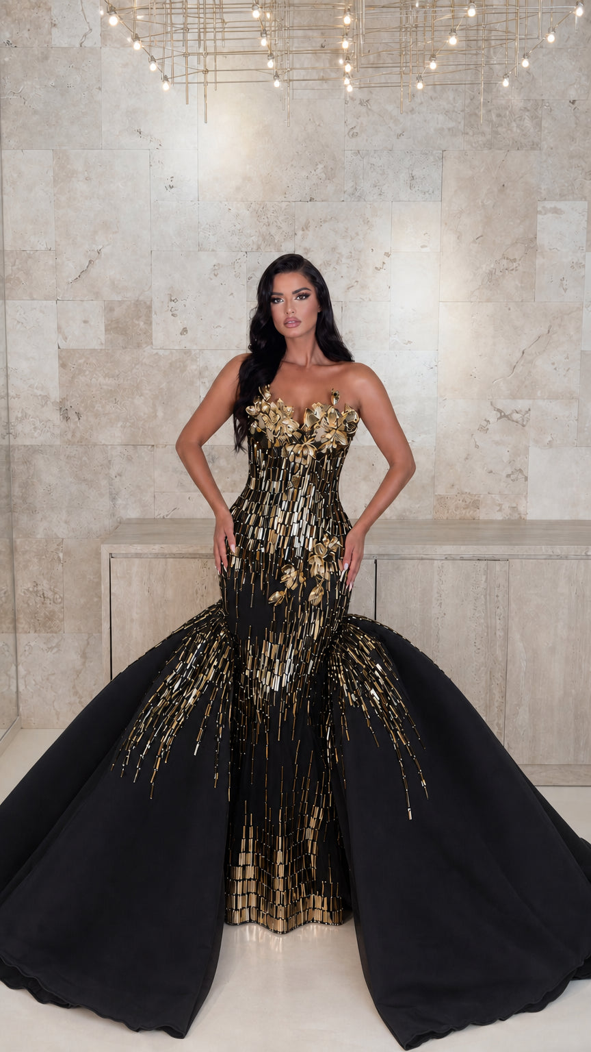 Strapless Beaded Mermaid Evening Gown with 3D Floral Accents and Dramatic Overskirt