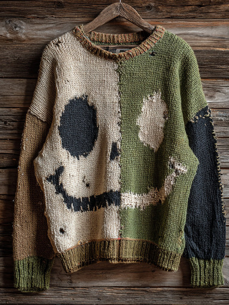 Halloween Spooky Face Contrast Stitching Cozy Crew Neck Knitted Sweater