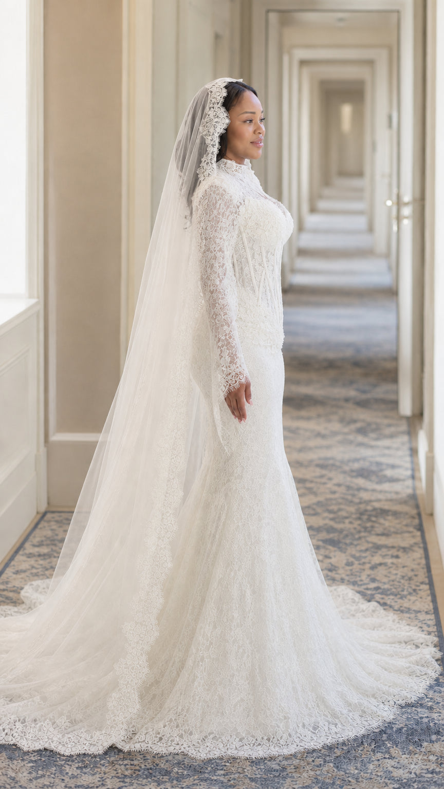 Illusion High Neck Corset Lace Mermaid Wedding Gown with Long Sleeves