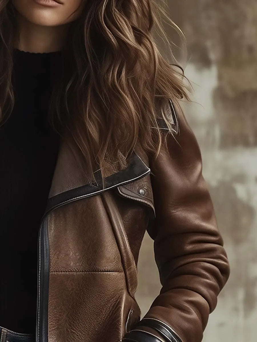 Women's Vintage Contrast Collar Faux Leather Jacket