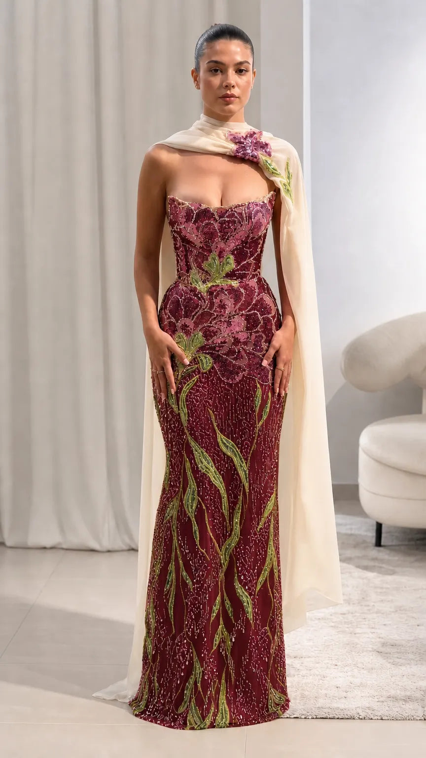 Strapless Floral Beaded Evening Gown with Matching Chiffon Cape Scarf