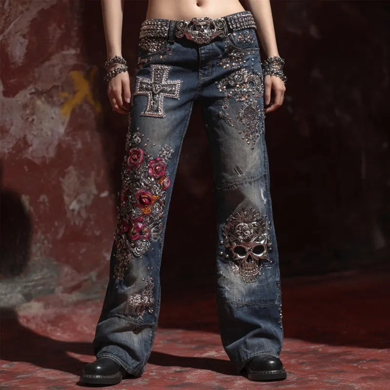 Retro Rock Style Skulls & Cross Studded Distressed Bootcut Jeans