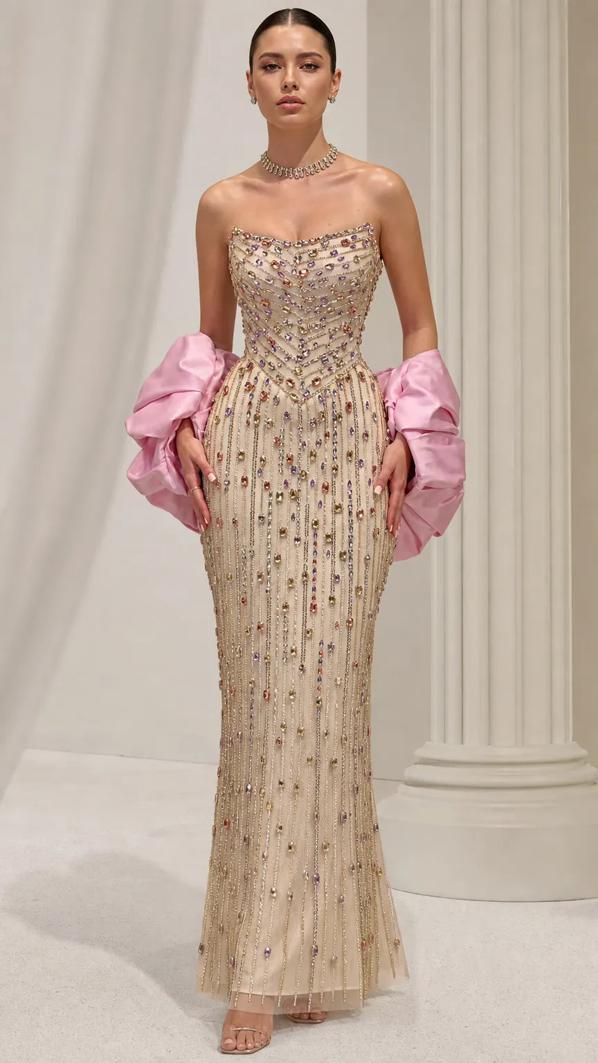 Strapless Beaded Column Evening Gown with Dramatic Puff Sleeves
