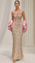 Strapless Beaded Column Evening Gown with Dramatic Puff Sleeves