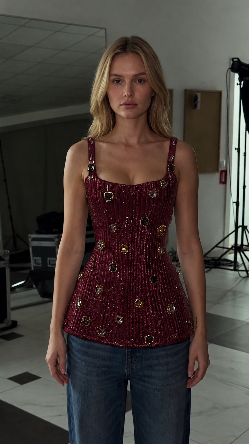 Rhinestone Embellished Shimmer Corset Top Sleeveless Basque Bustier