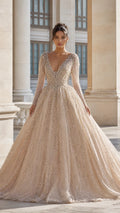 Deep V-Neck Beaded Long Sleeve Tulle Ball Gown Evening Dress