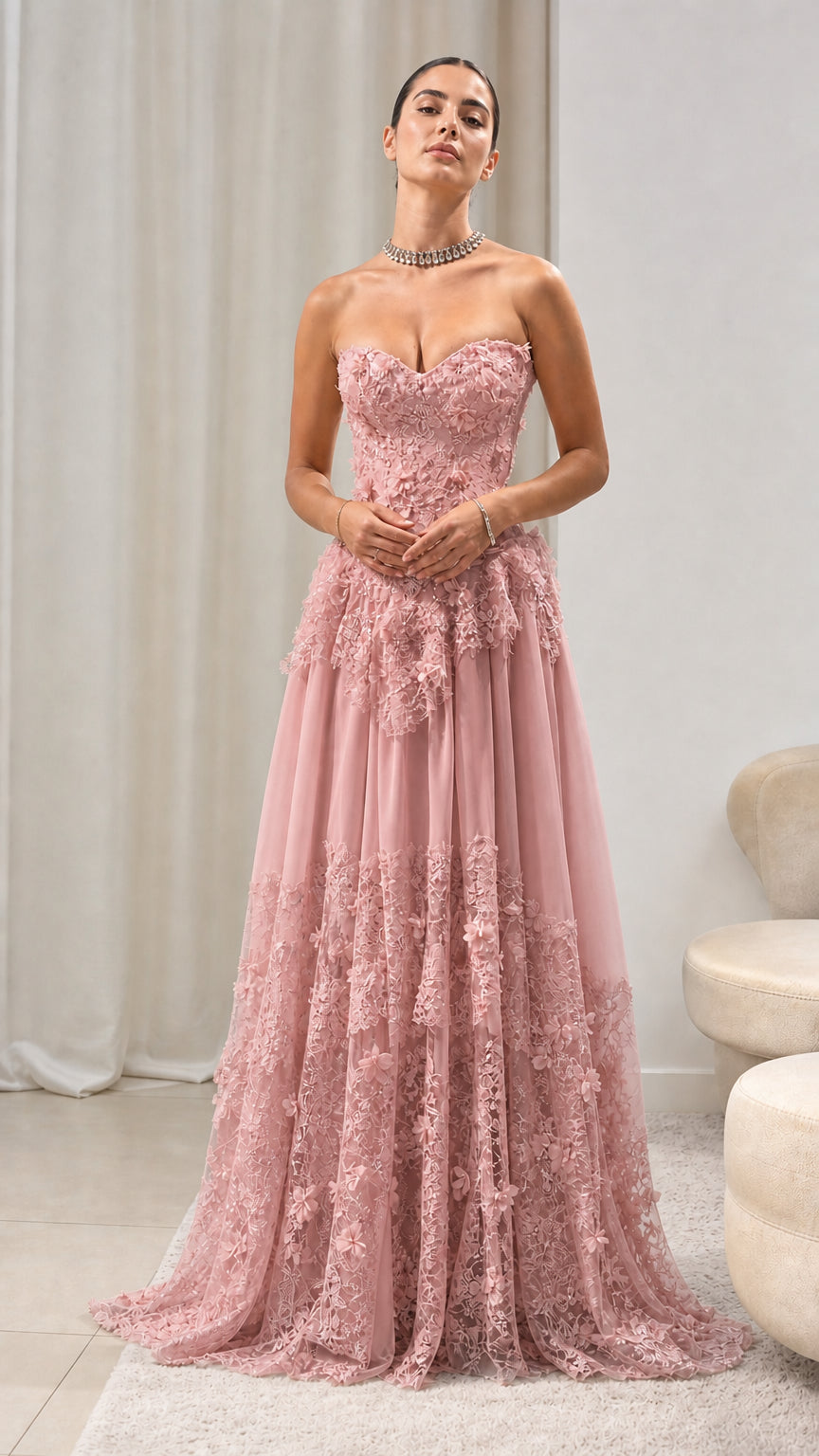 Strapless Floral Appliqué Corset Evening Gown with Tiered Lace Tulle Skirt