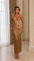 Strapless Embellished Beaded Fringe Maxi Evening Dress