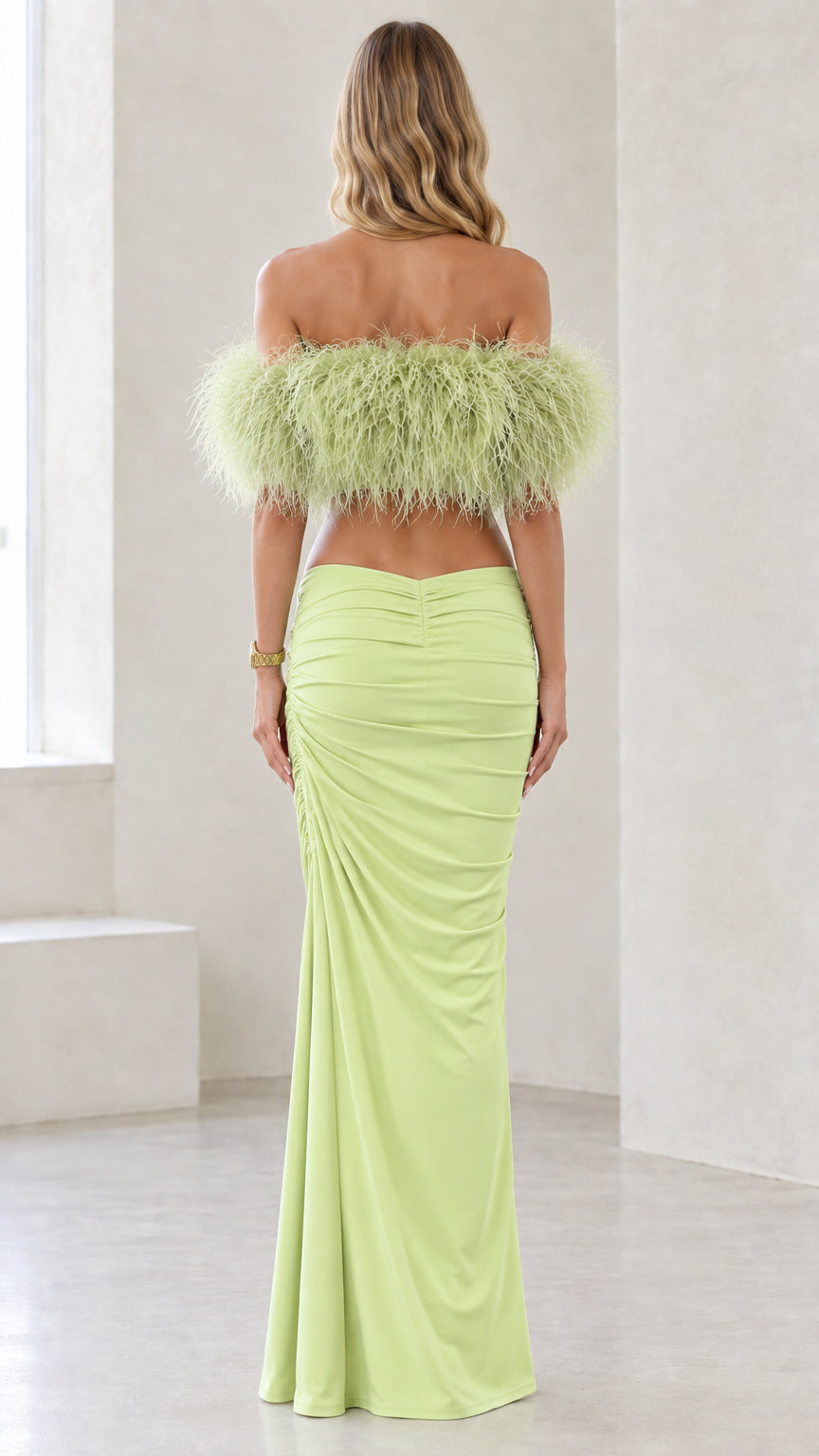 Feather Crop Top and Ruched Maxi Skirt Two-Piece Evening Set