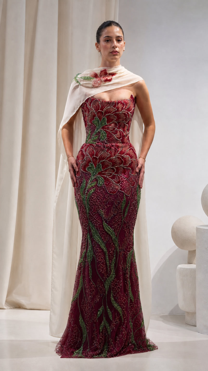 Floral Beaded Strapless Mermaid Evening Gown with Draped Cape