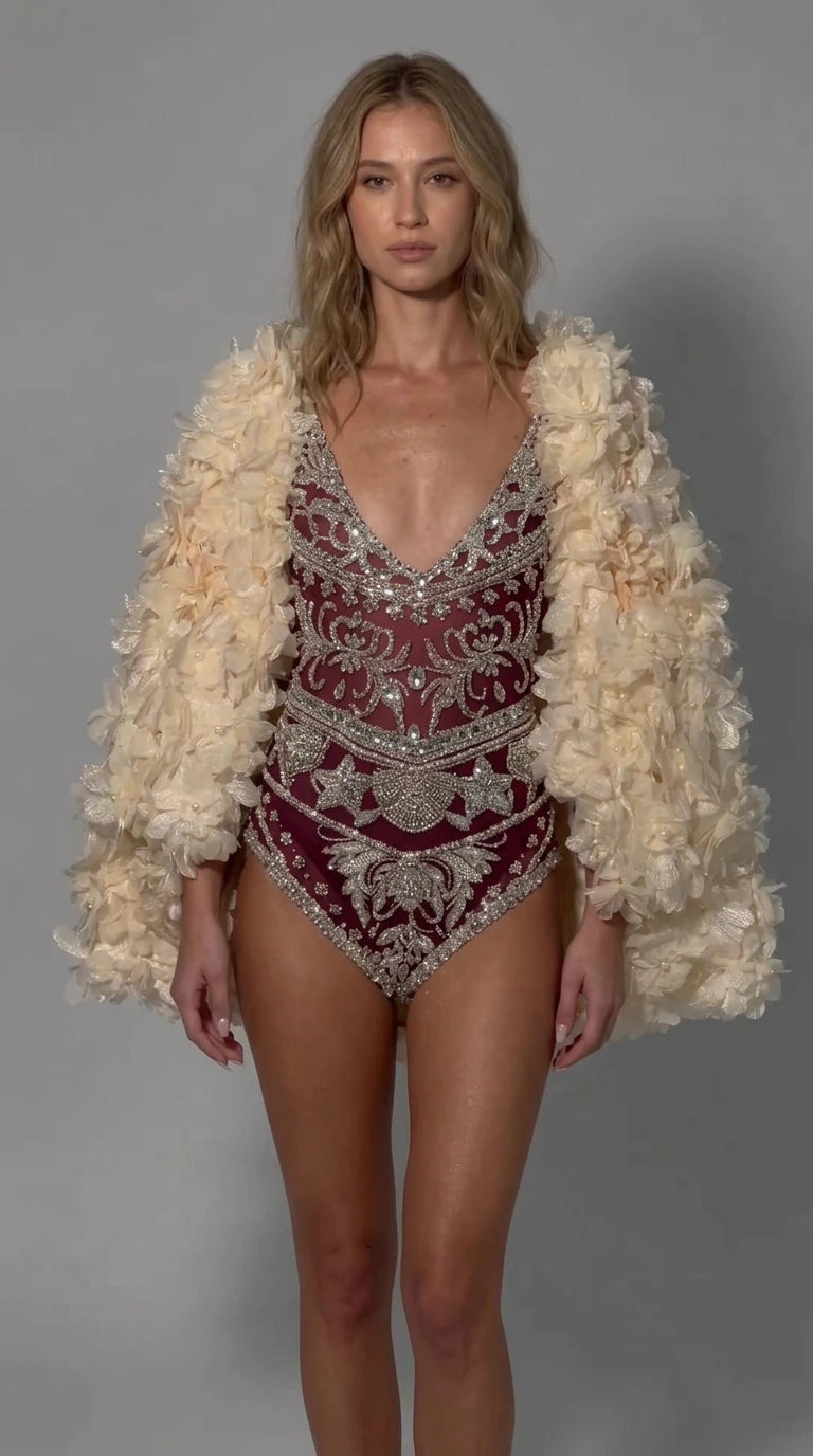 Rhinestone Embellished Bodysuit with 3D Floral Appliqué Cape Set