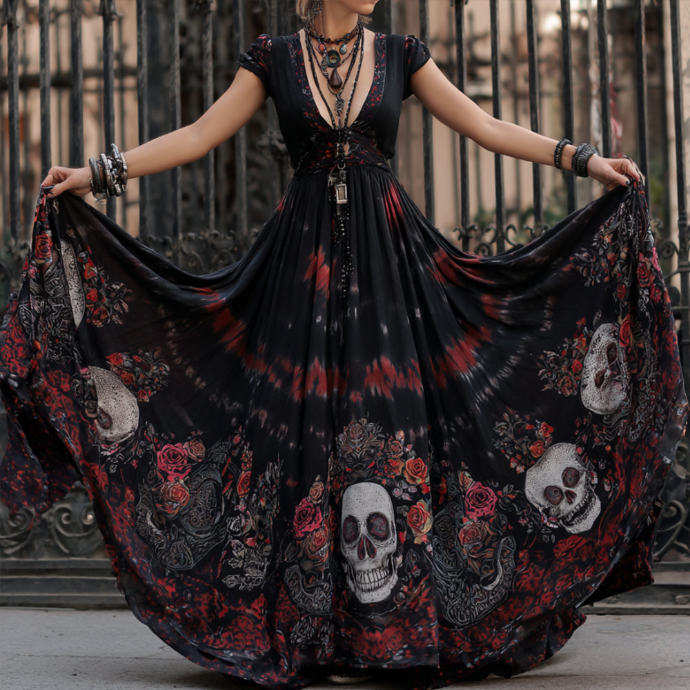 Ladies' Skull Tie-dye Blood-colored Rose Vintage Print Short-sleeved Long Dress