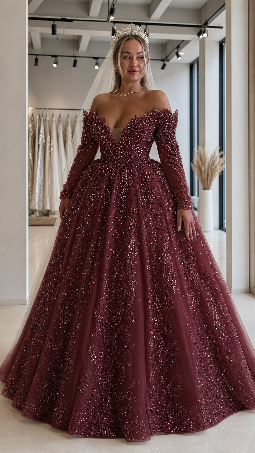 Off-the-Shoulder Long Sleeve Beaded Sequin Ball Gown Wedding Dress