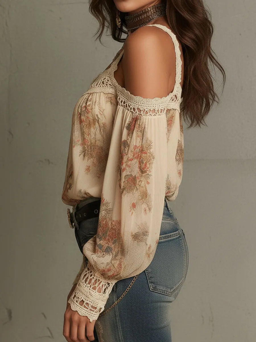 Vintage Boho Cream Floral Off-Shoulder Lace Blouse
