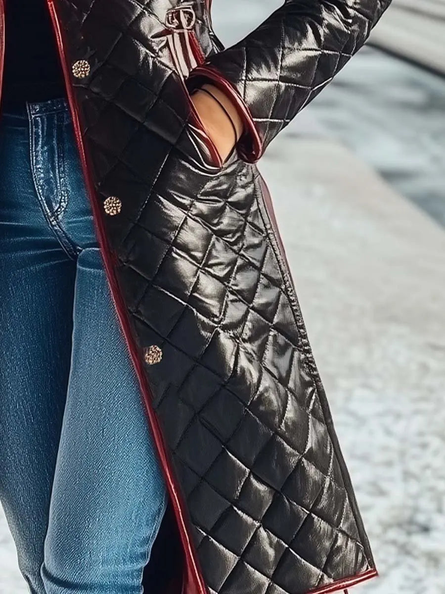 Women's Vintage Fur Collar Contrasting Colors Quilted Coat