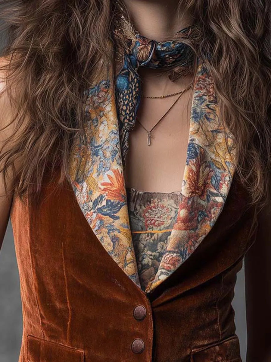 Vintage-style Printed Collar Velvet Vest