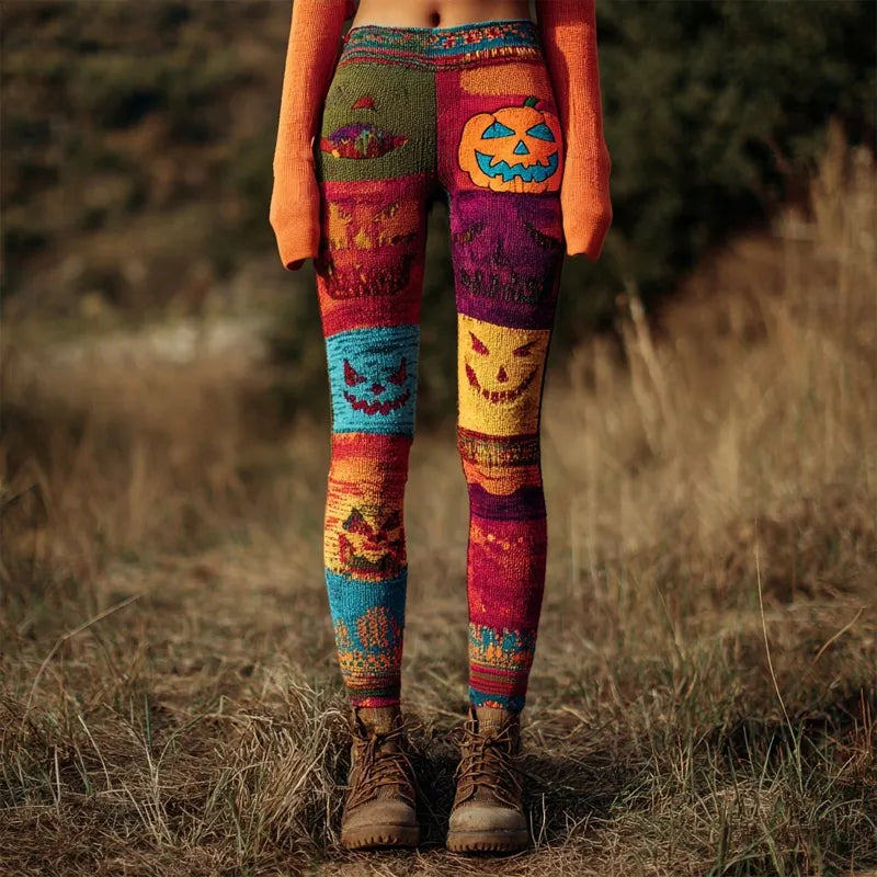 Halloween Spooky Pumpkin Face Colorblock Patchwork Knitted Leggings