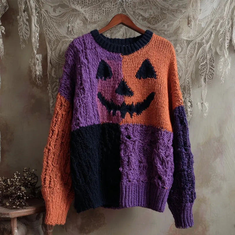 Halloween Pumpkin Face Colorblock Patchwork Knitted Sweater