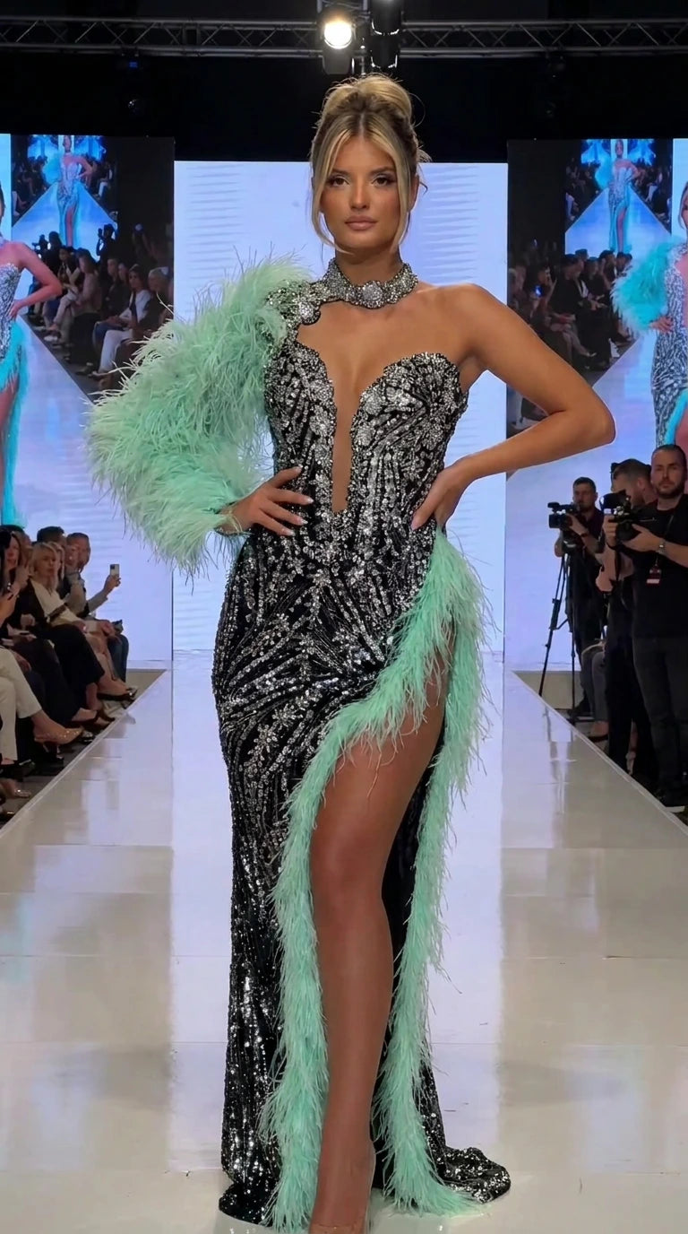 One-Shoulder Feather Trim Sequin Evening Gown with Slit