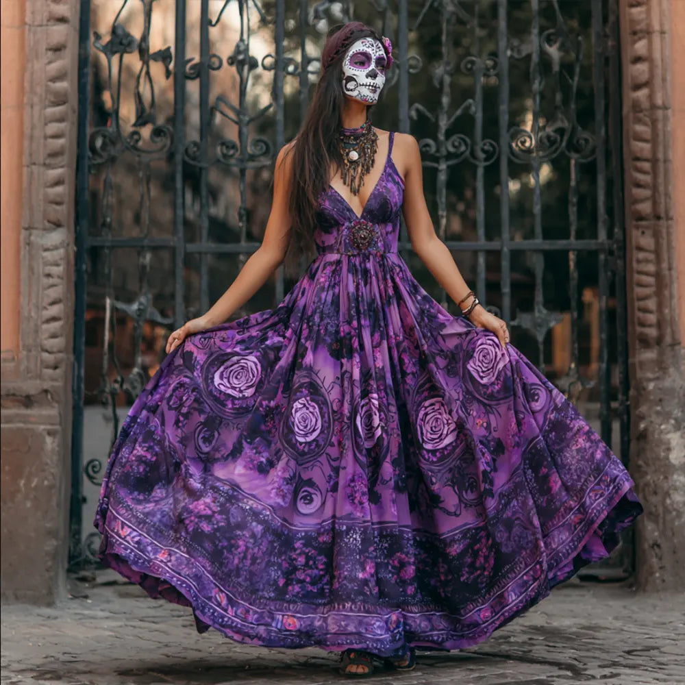 Ladies' Halloween Skull And Rose Vintage-style Long Dress With Straps