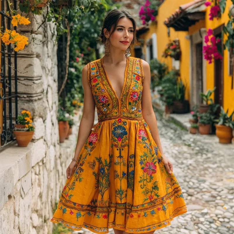 Day Of The Dead Mexican Flowers Embroidered Linen Midi Dress