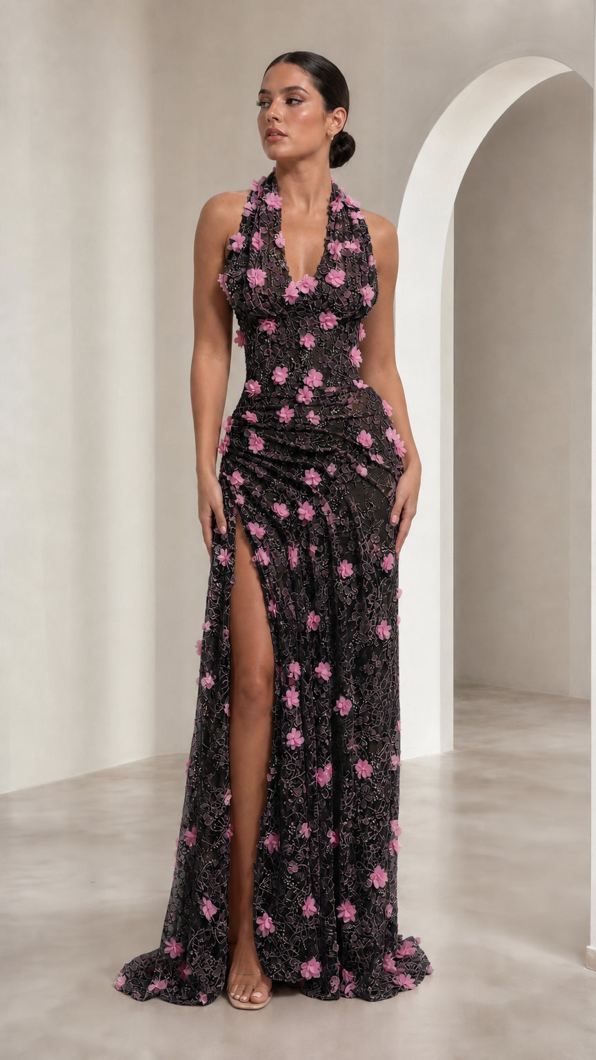 3D Floral Appliqué Halter Neck Maxi Evening Dress with High Slit