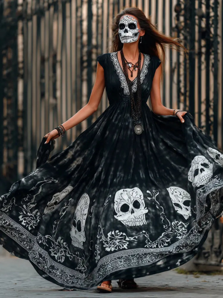 Ladies' White Skull Retro Printed Gradient Short-sleeved Long Dress