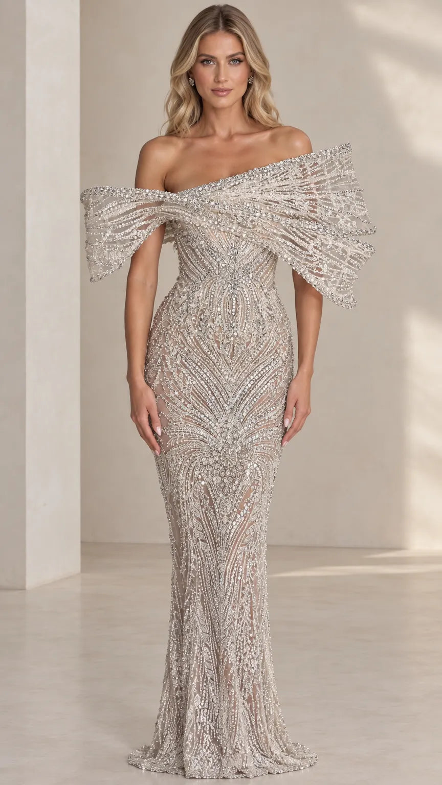 Off-The-Shoulder Beaded Mermaid Evening Gown with Sculpted Capelet Sleeves