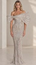 Off-The-Shoulder Beaded Mermaid Evening Gown with Sculpted Capelet Sleeves