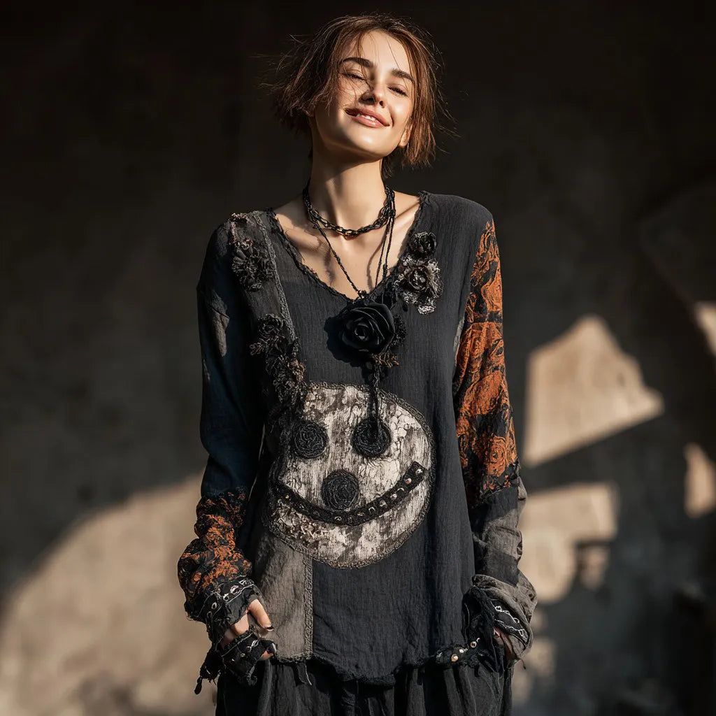 Women's Halloween Smiley Face And Rose Pattern V-neck T-shirt