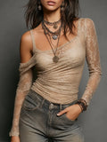 Vintage Slim-fit Long-sleeve Lace T-shirt With An Off-shoulder Design