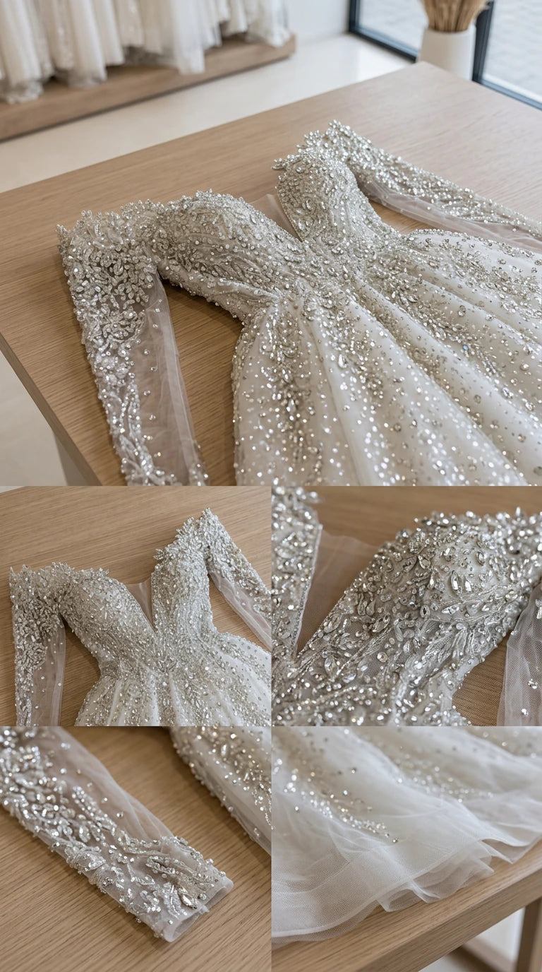 Off-the-Shoulder Long Sleeve Beaded Sequin Ball Gown Wedding Dress