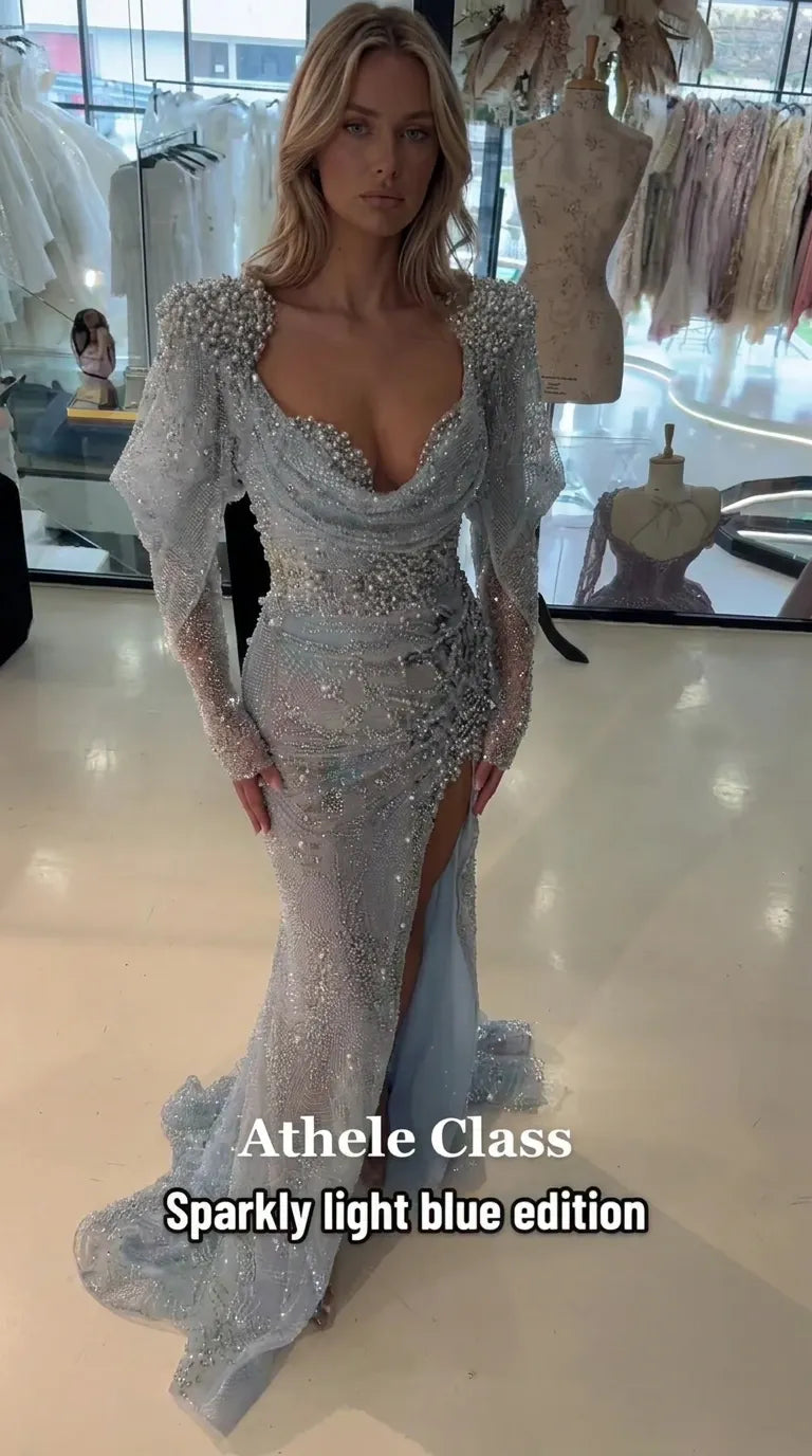 Sparkling Beaded Cowl Neck Long Sleeve Evening Gown with Slit