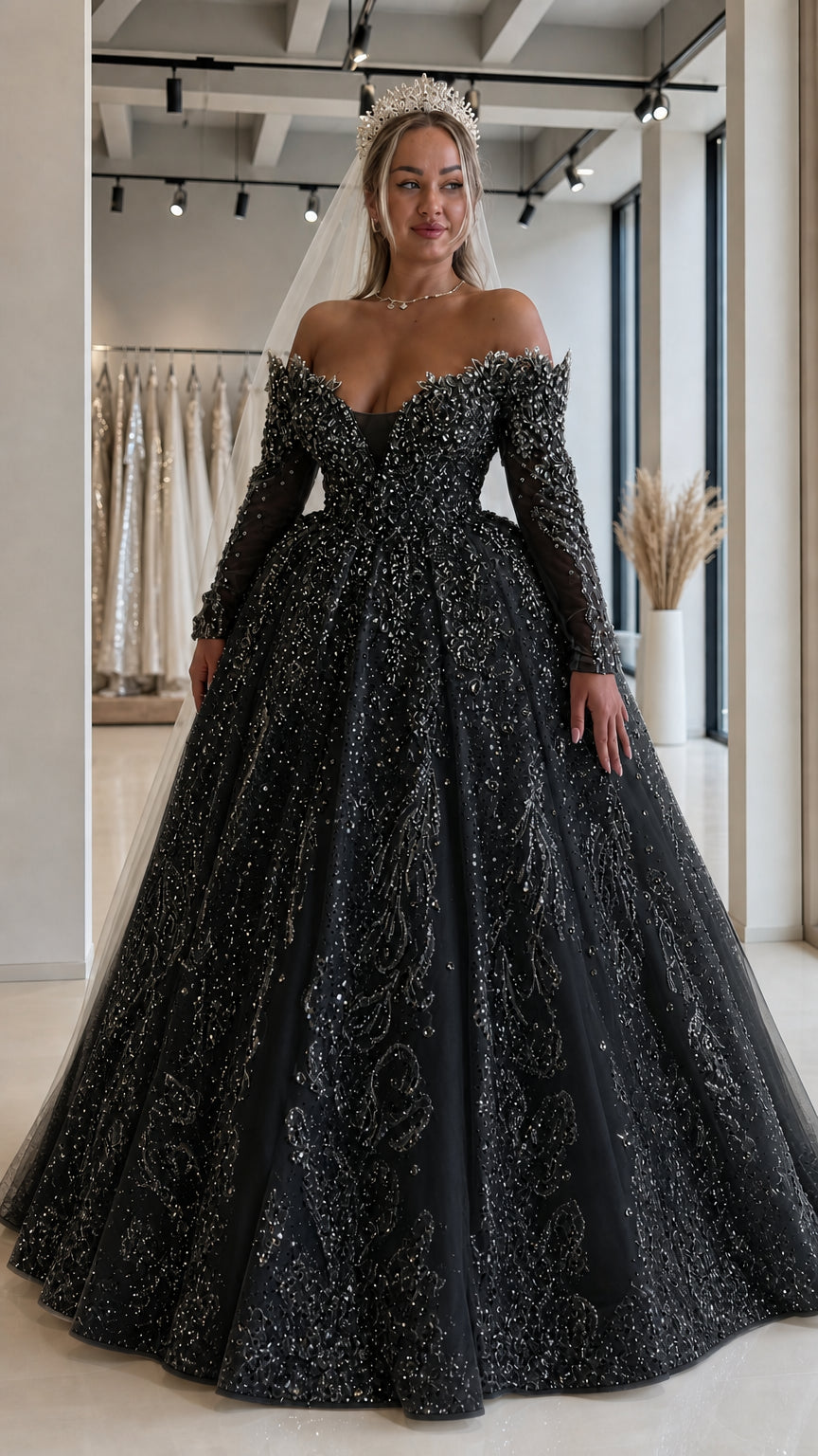 Off-the-Shoulder Long Sleeve Beaded Sequin Ball Gown Wedding Dress
