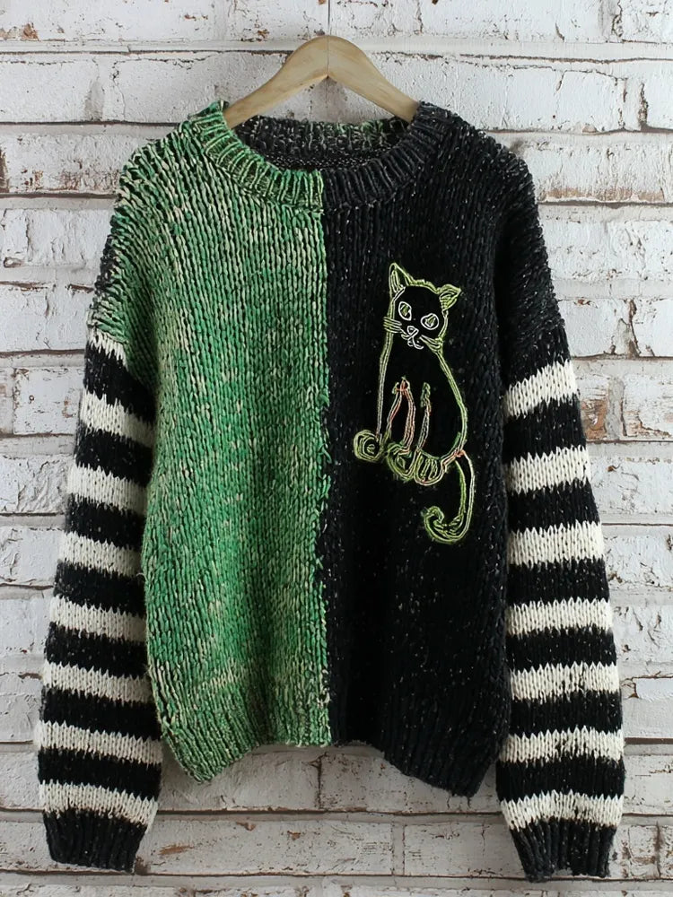 Vintage Cat Embroidered Contrast Color Cozy Knitted Sweater