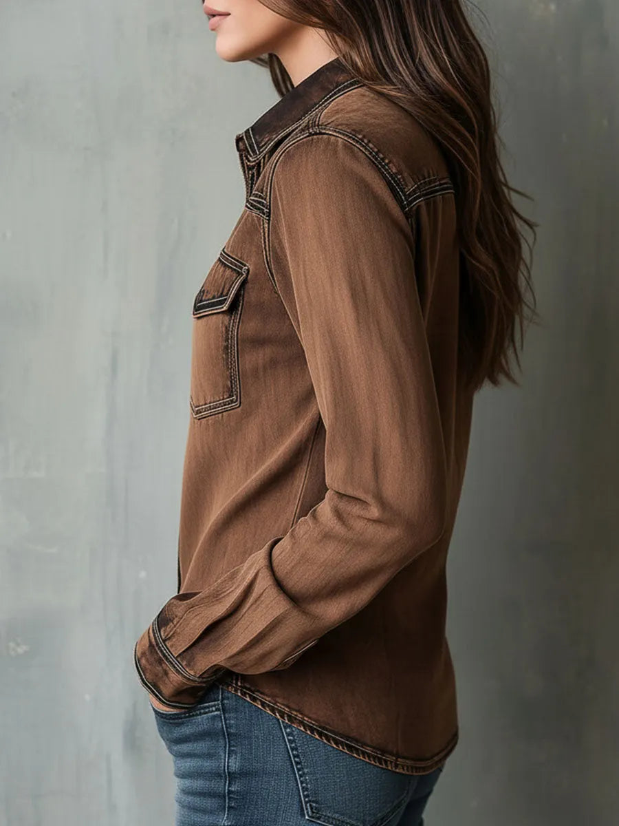 Vintage Brown Washed Contrast Stitching Utility Zip Shirt Jacket